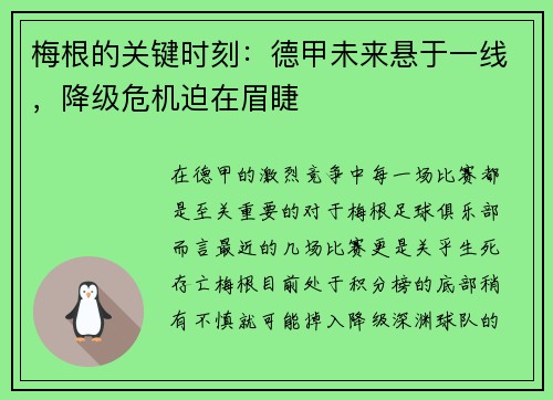 梅根的关键时刻：德甲未来悬于一线，降级危机迫在眉睫